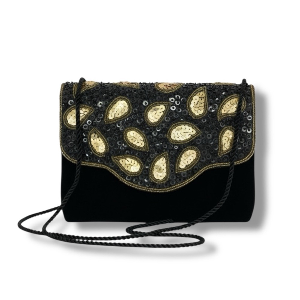 Vintage 80s Black Velvet Beaded Sequin Paisley Evening Bag Handmade Purse
